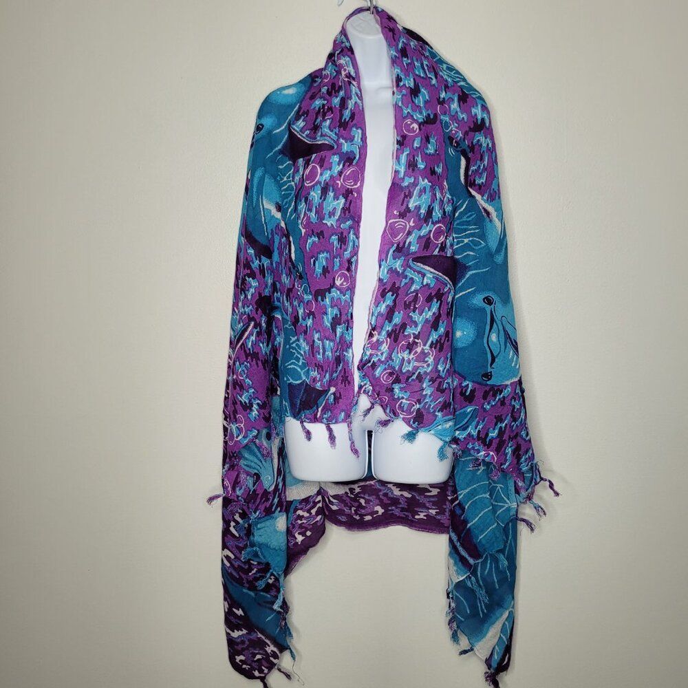 Dolphin blue purple fringe art to wear quirky shawl scarf